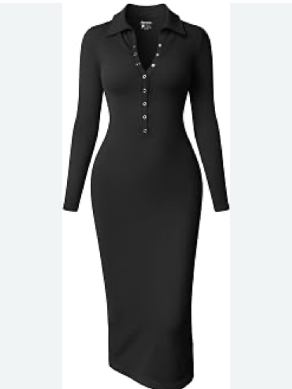 Sleek Black Long-Sleeve Polo Midi Dress